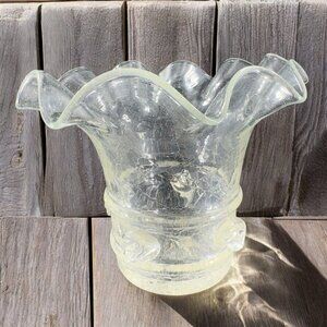 Vintage Clear Crackle Glads Ruffled Top Glass Vase Vessel Hand Blown Vase‎ VTG